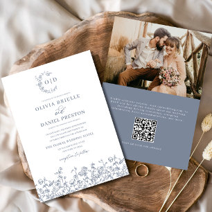 Invitation Floral Français Monogramme Photo Dusty Blue Mariag