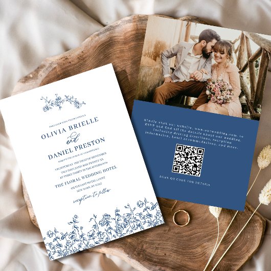 Invitation Floral Français Photo QR Code Marine Mariage bleu