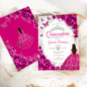 Invitation Floral Fuchsia Pink Silver Quinceanera
