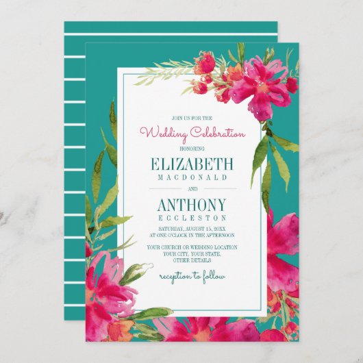 Invitation Floral Fuchsia Turquoise Mariage (Devant / Derrière)
