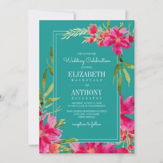 Invitation Floral Fuchsia Turquoise Mariage (Devant)