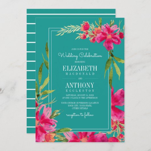 Invitation Floral Fuchsia Turquoise Mariage (Devant / Derrière)