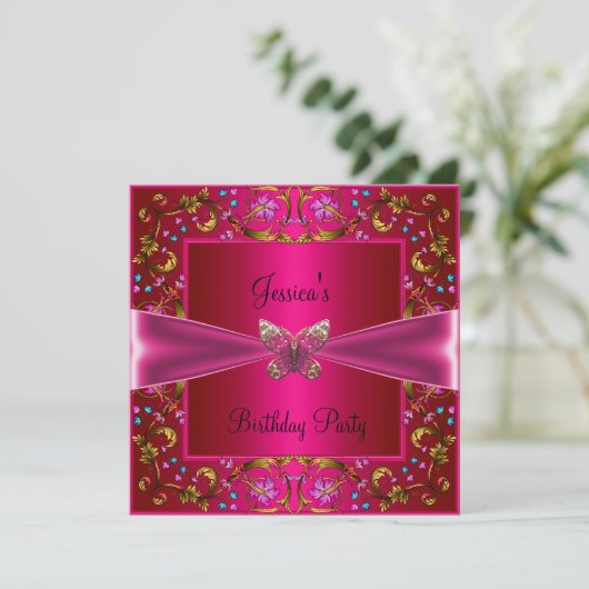 Invitation Floral Fushia papillon rose fête d'anniversaire (Debout devant)
