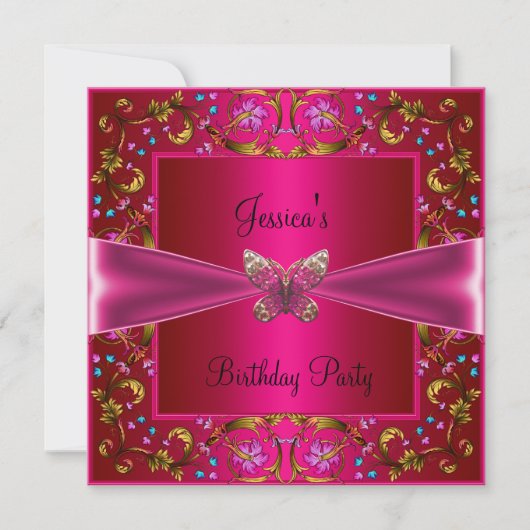 Invitation Floral Fushia papillon rose fête d'anniversaire (Devant)