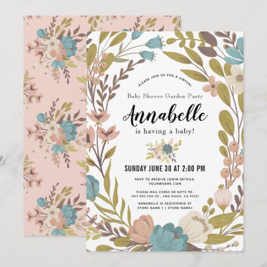 Invitation Floral Garden Party Baby shower virtuel blanc (Devant / Derrière)