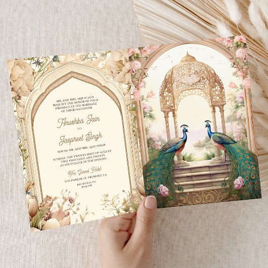 Invitation Floral Garden Peacocks Indian Palace Wedding