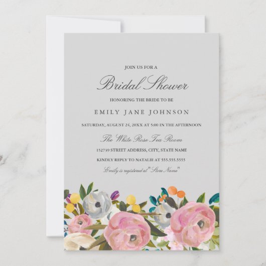 Invitation Floral Garden rose Grey Fête des mariées Invitatio (Devant)