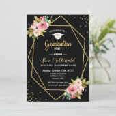 Invitation Floral Geometry Black and Gold Graduation Party (Debout devant)