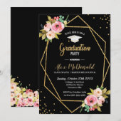 Invitation Floral Geometry Black and Gold Graduation Party (Devant / Derrière)