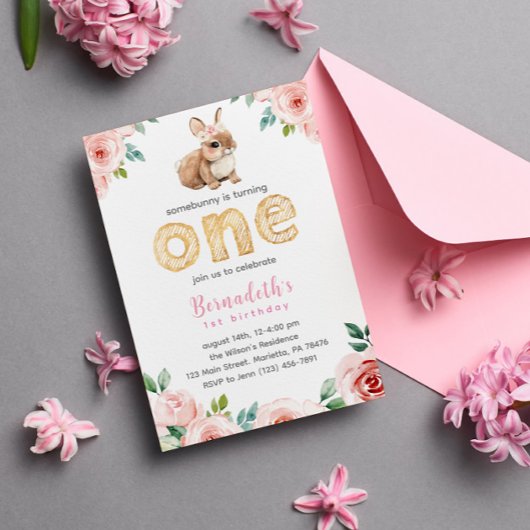 Invitation Floral Girl Baby Bunny 1er anniversaire