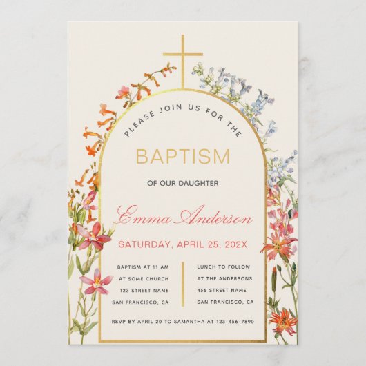 Invitation Floral Girl Baptism Gold Cross Arch & Wildflowers (Devant)