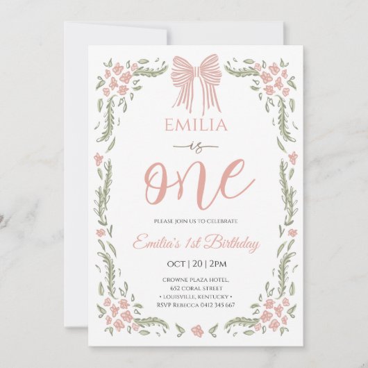 Invitation Floral girl one birthday  (Devant)