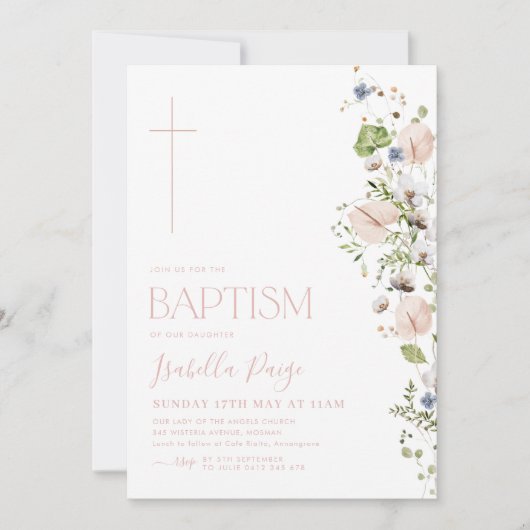 Invitation Floral Girls Baptism Christening (Devant)