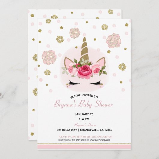 Invitation Floral Glam Gold Parties scintillant Baby shower U (Devant / Derrière)
