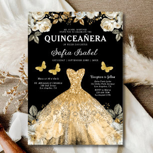 Invitation Floral Gold Bilingue espagnol Quinceanera