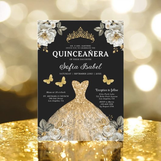 Invitation Floral Gold Bilingue espagnol Quinceanera