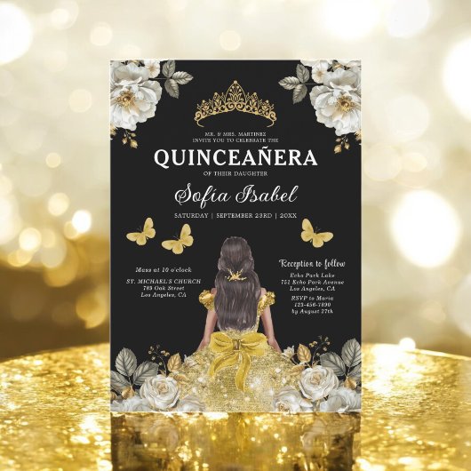 Invitation Floral Gold Bilingue espagnol Quinceanera