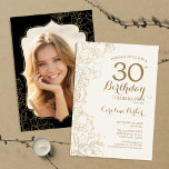 Invitation Floral Gold Black Photo 30th Birthday Party<br><div class="desc">Floral Black Gold Photo 30th Birthday Party Invitation. Design moderne minimaliste avec accents de dessin botanique et police de script de typographie. Carte invitation simple et tendance,  parfaite pour une célébration anniversaire élégante. Peut être customisé à n'importe quel âge. Invitations Zazzle imprimées ou téléchargement instantané modèle imprimable numérique.</div>