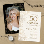 Invitation Floral Gold Black Photo 50th Birthday Party<br><div class="desc">Floral Black Gold Photo 50th Birthday Party Invitation. Design moderne minimaliste avec accents de dessin botanique et police de script de typographie. Carte invitation simple et tendance,  parfaite pour une célébration anniversaire élégante. Peut être customisé à n'importe quel âge. Invitations Zazzle imprimées ou téléchargement instantané modèle imprimable numérique.</div>