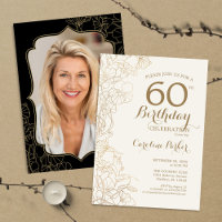Floral Gold Black Photo 60th Birthday Party