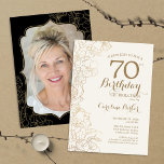 Invitation Floral Gold Black Photo 70th Birthday Party<br><div class="desc">Floral Black Gold Photo 70th Birthday Party Invitation. Design moderne minimaliste avec accents de dessin botanique et police de script de typographie. Carte invitation simple et tendance,  parfaite pour une célébration anniversaire élégante. Peut être customisé à n'importe quel âge. Invitations Zazzle imprimées ou téléchargement instantané modèle imprimable numérique.</div>