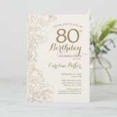 Invitation Floral Gold Black Photo 80th Birthday Party (Debout devant)