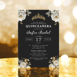 Invitation Floral Gold Black Princess Quinceanera