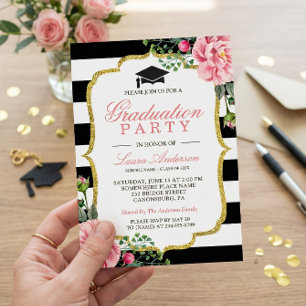 Invitation Floral Gold Black White Stripes Graduation Party