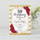Invitation Floral Gold Blanc Roses rouges Photo 50e anniversa (Debout devant)