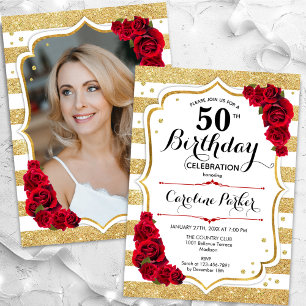 Invitation Floral Gold Blanc Roses rouges Photo 50e anniversa