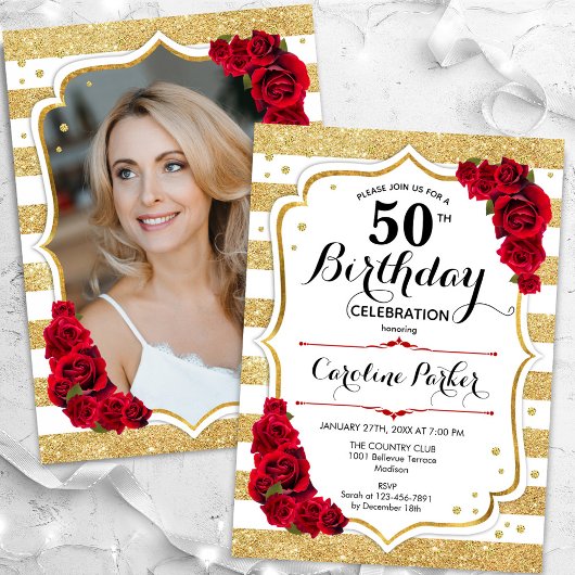 Invitation Floral Gold Blanc Roses rouges Photo 50e anniversa