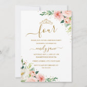 Invitation Floral Gold Blush Girl 4e fête d'anniversaire (Devant)