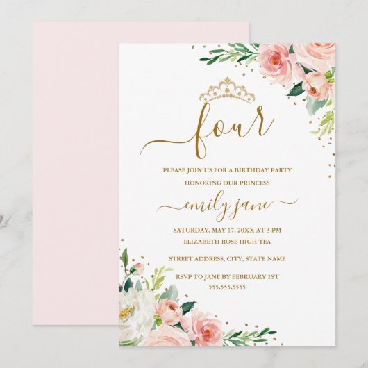 Invitation Floral Gold Blush Girl 4e fête d'anniversaire (Devant / Derrière)