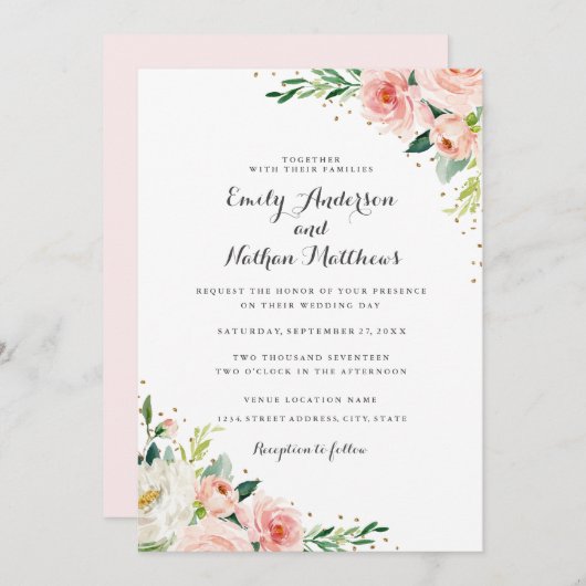 Invitation Floral Gold Blush Mariage (Devant / Derrière)