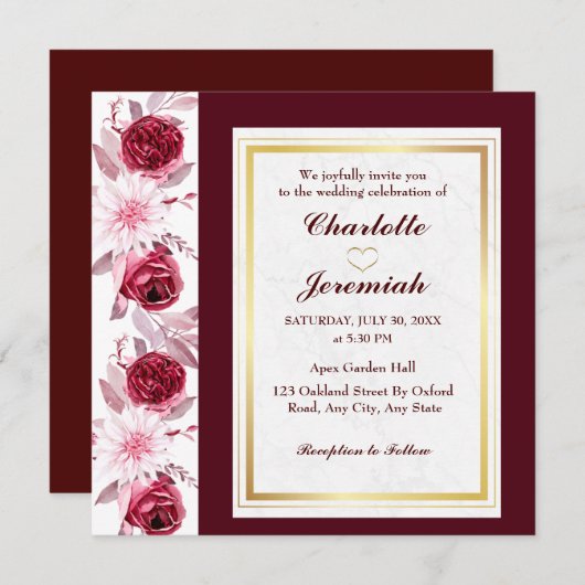 Invitation Floral Gold Blush rose Bourgogne Mariage Script (Devant / Derrière)