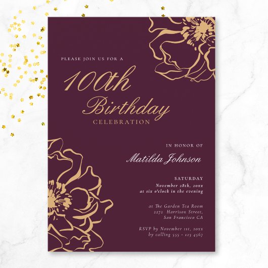 Invitation Floral Gold Bourgogne 100e anniversaire