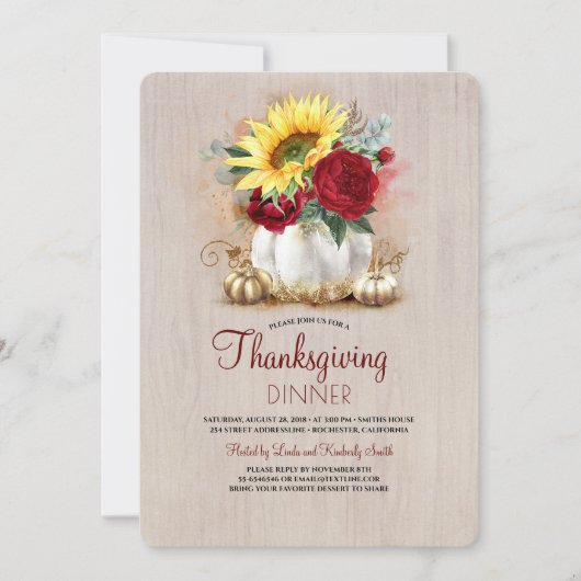 Invitation Floral Gold Citrouille Rustique Thanksgiving Dîner (Devant)