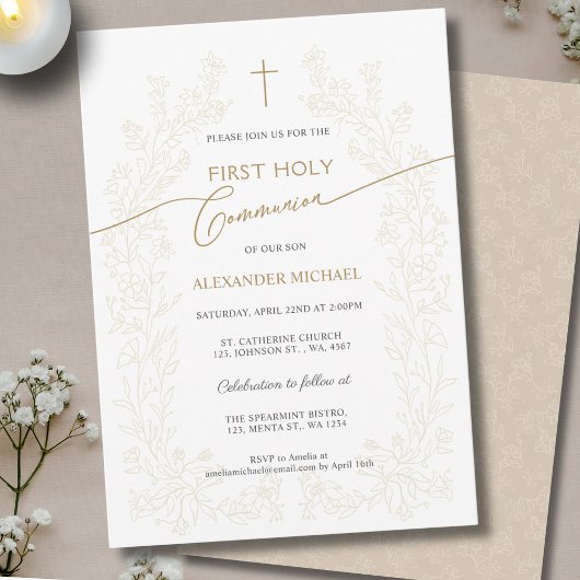 Invitation Floral Gold Cross First Holy Communion Religious