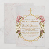 Invitation Floral Gold Cross Orchidées rose Première communio (Devant / Derrière)