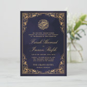 Invitation Floral Gold Frame Blue Navy Musulman islamique Mar (Debout devant)