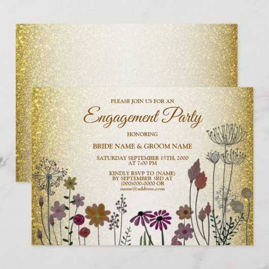 Invitation Floral Gold Glitter Wedding Engagement Party (Devant / Derrière)