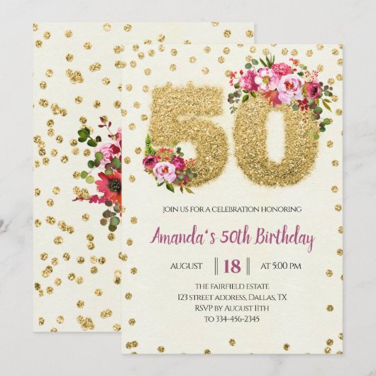 Invitation Floral & Gold Parties scintillant 50e anniversaire (Devant / Derrière)