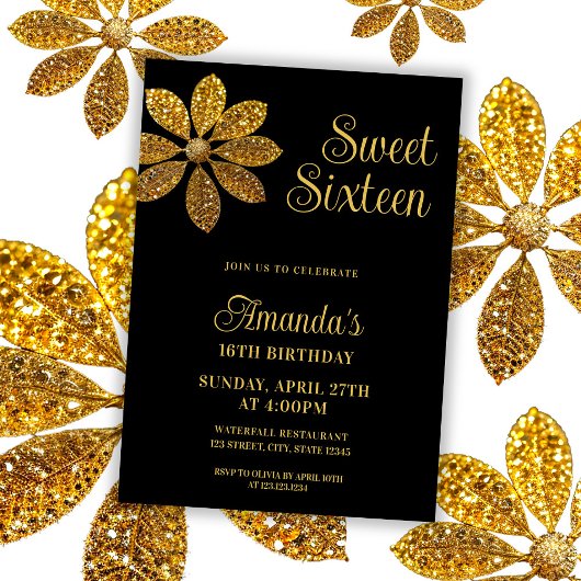 Invitation Floral Gold Parties scintillant Flower Sweet 16 An