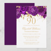 Invitation Floral Gold Purple Rose 90e anniversaire (Devant / Derrière)