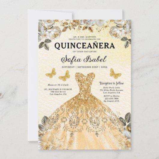 Invitation Floral Gold QR Code Princess Quinceanera (Devant)