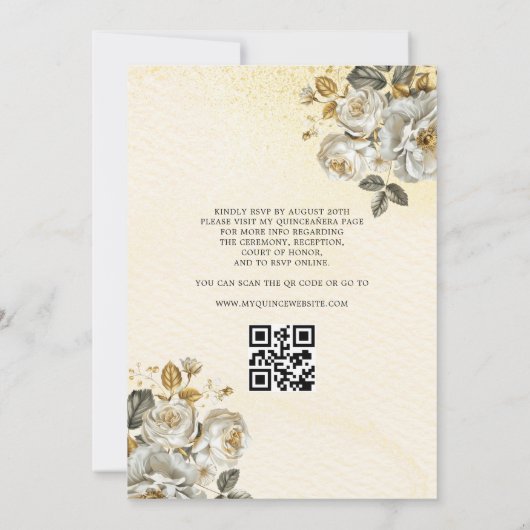 Invitation Floral Gold QR Code Princess Quinceanera (Dos)