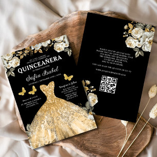Invitation Floral Gold QR Code Princess Quinceanera