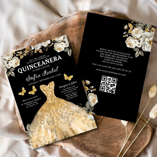 Invitation Floral Gold QR Code Princess Quinceanera