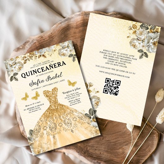 Invitation Floral Gold QR Code Princess Quinceanera