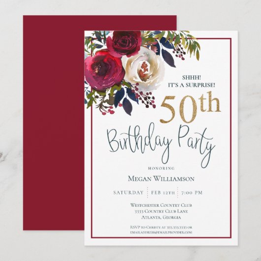Invitation Floral Gold Red Surprise 50e fête d'anniversaire (Devant / Derrière)